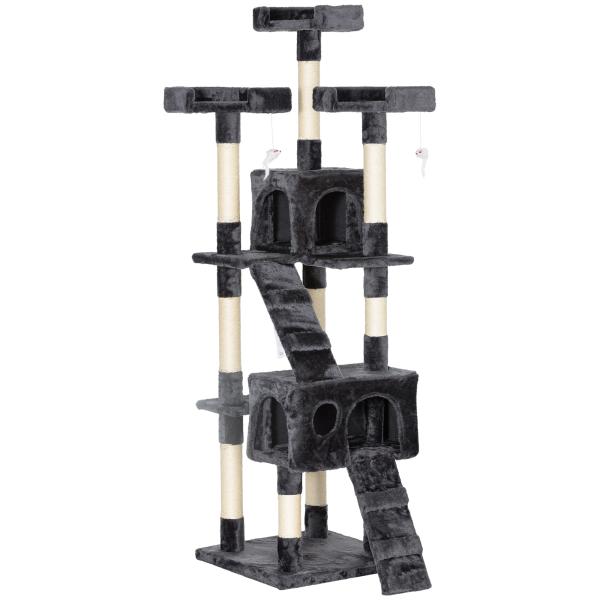 Arranhador para Gatos Grande 49x49x173 cm com Múltiplos Níveis Cavernas e Brinquedos Suspensos Cinza