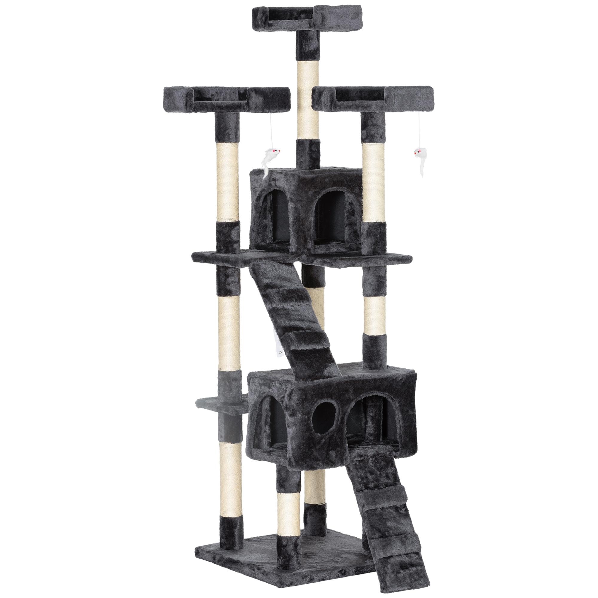 Arranhador para Gatos Grande 49x49x173 cm com Múltiplos Níveis Cavernas e Brinquedos Suspensos Cinza