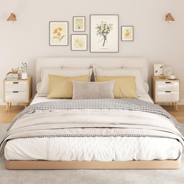 Conjunto de 2 Mesas de Cabeceira Modernas com 2 Gavetas de Deslizamento Silencioso Pés de Madeira 40x35x50 cm Branco Brilhante e Carvalho