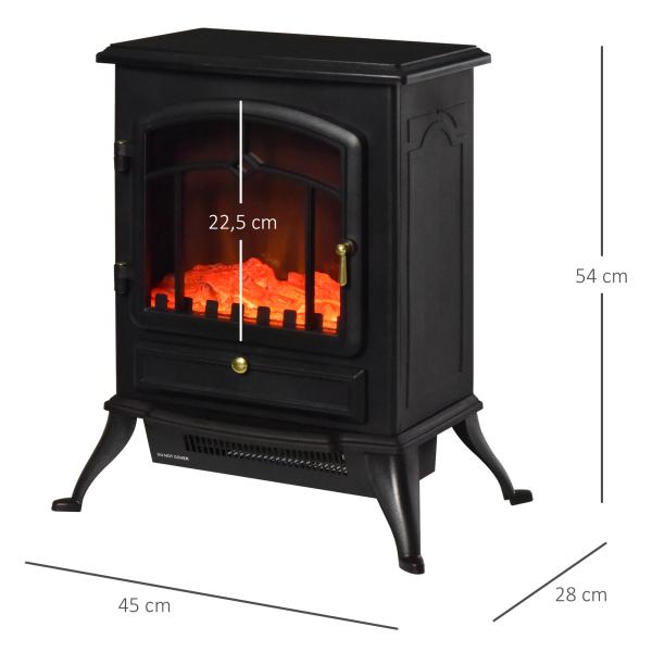 Lareira Elétrica Portátil 1000/2000W com Efeito de Chama Realista Termostato para Ambientes entre 15 - 20m² 45x28x54cm Preto