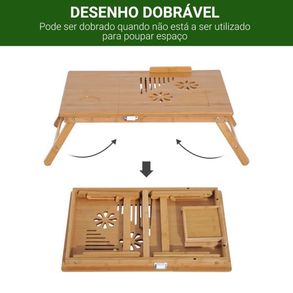 Mesa de Computador Portátil Bambu Dobrável Reclinado Altura ajustável Suporte Mesa de volta 1 Gaveta 55x35x22 - 30cm