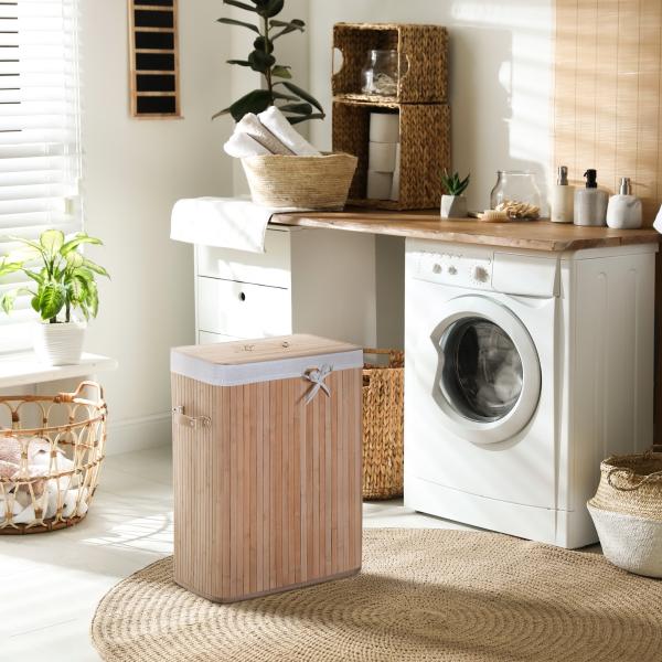 Cesto de Roupa de Bambu Dobrável Cesto para Roupa Suja com Tampa e Bolsa Amovível 40x30x60 cm Bambu