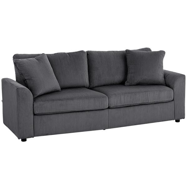 Sofá de 3 Lugares Sofá Sala de Estar 212x80x88 cm Estofado em Veludo Canelado com 2 Almofadas Desenho Moderno Cinzento