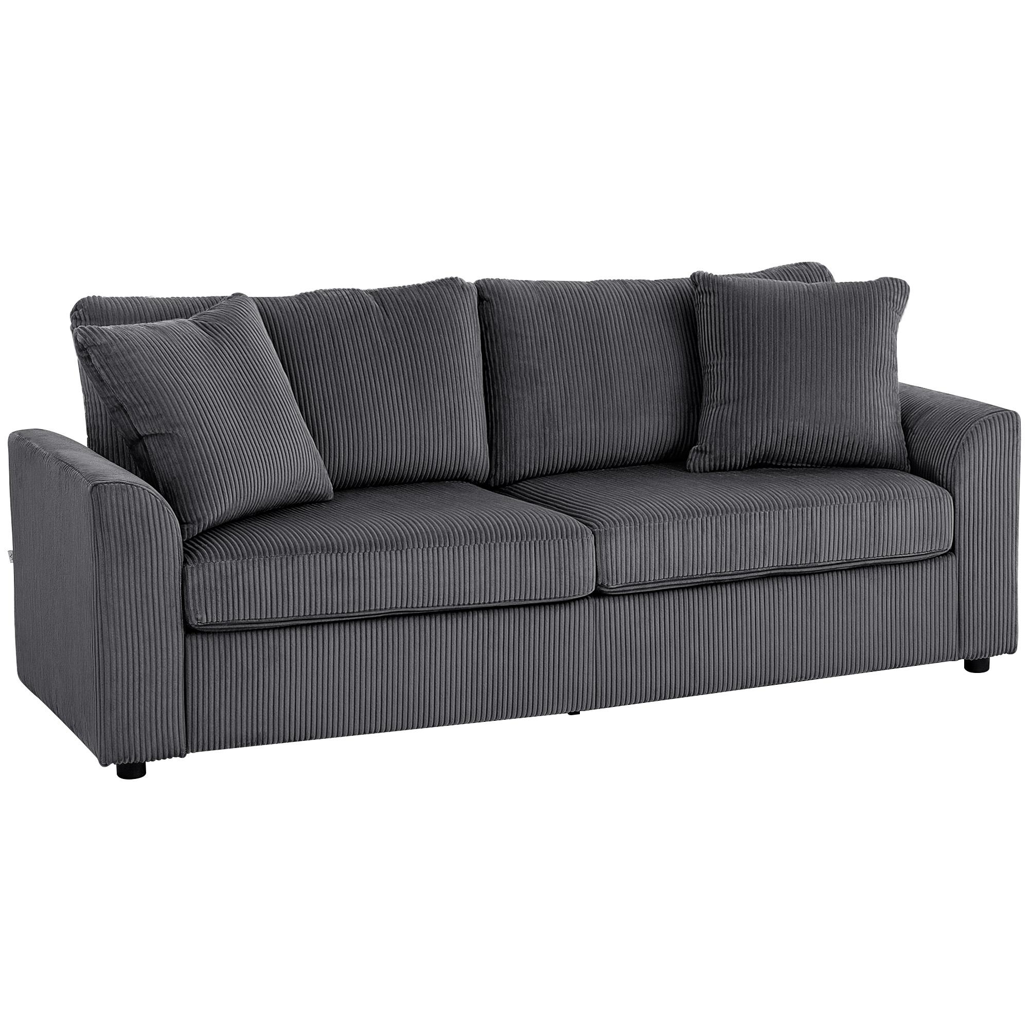 Sofá de 3 Lugares Sofá Sala de Estar 212x80x88 cm Estofado em Veludo Canelado com 2 Almofadas Desenho Moderno Cinzento