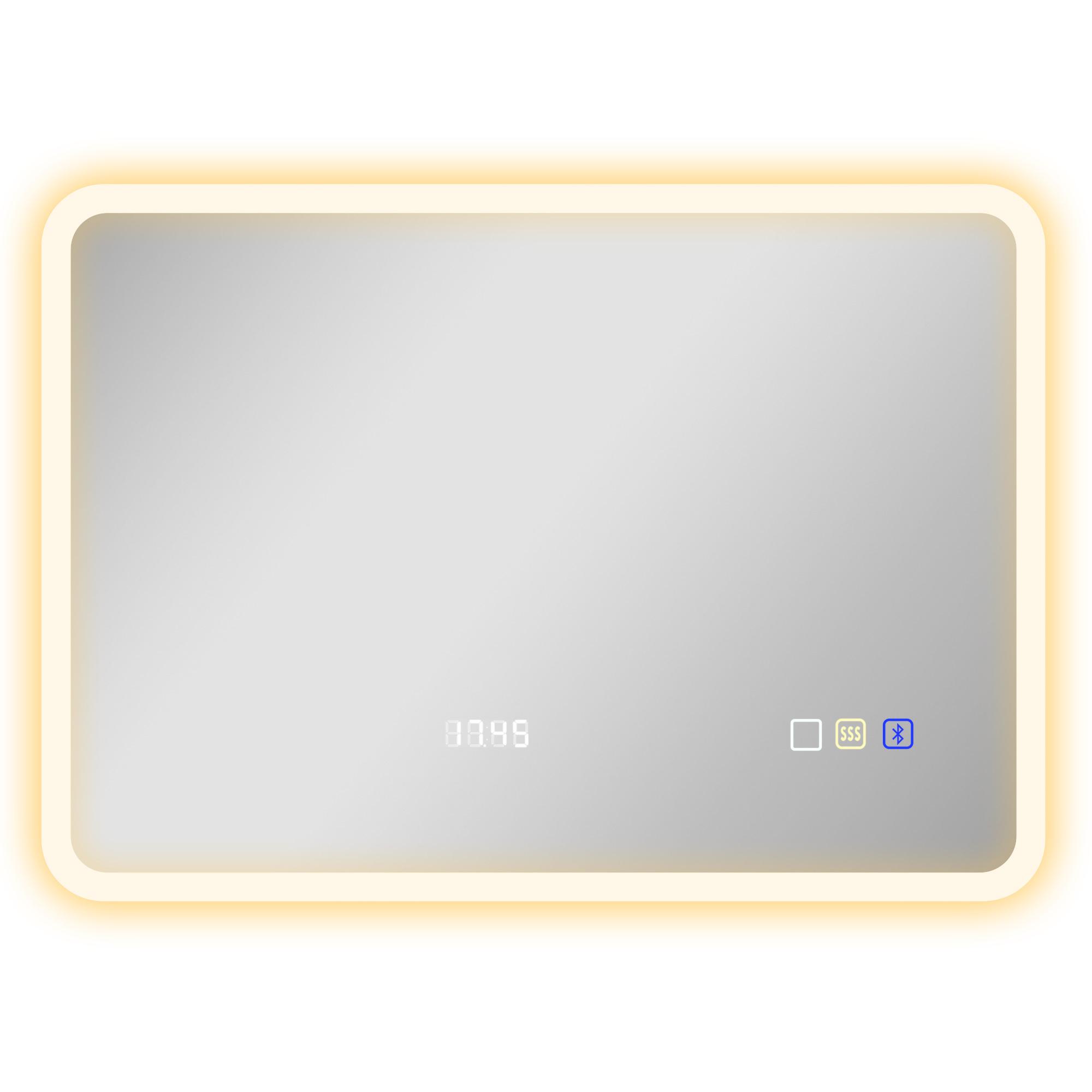 Espelho de Casa de Banho com Luz LED 70x50 cm Bluetooth 3 Cores de Luz Relógio Digital Função Antiembaciamento Função de Memória Prata