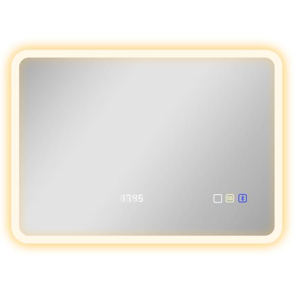 Espelho de Casa de Banho com Luz LED 70x50 cm Bluetooth 3 Cores de Luz Relógio Digital Função Antiembaciamento Função de Memória Prata