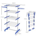 Estendal Vertical Dobrável de 4 Níveis com 6 Rodas 2 Laterais Dobráveis Prateleiras Ajustáveis 142x55x172 cm Azul