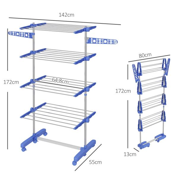 Estendal Vertical Dobrável de 4 Níveis com 6 Rodas 2 Laterais Dobráveis Prateleiras Ajustáveis 142x55x172 cm Azul