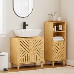 Móvel para Lavatório Pousar em Bambu com Portas Ripadas Armário de Casa de Banho para Lavatório sem Pedestal 60x30x60 cm Madeira