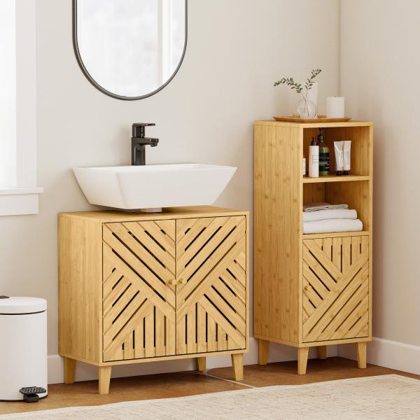 Móvel para Lavatório Pousar em Bambu com Portas Ripadas Armário de Casa de Banho para Lavatório sem Pedestal 60x30x60 cm Madeira
