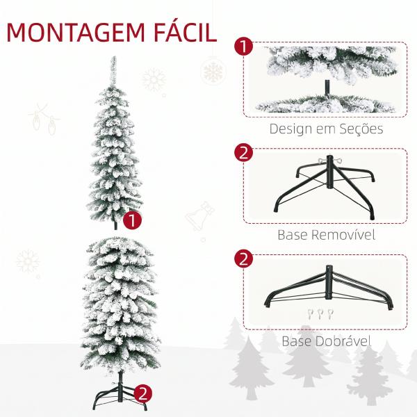 Árvore de Natal Estreita Nevada 180 cm com 395 Ramos e Suporte Metálico Dobrável para Sala de Estar, Interior, Verde