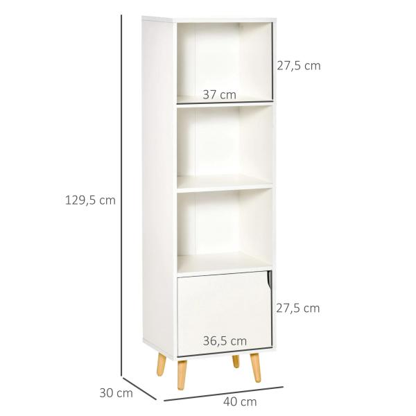Estante com 3 Prateleiras Abertas e 1 Fechada com Porta Estante de Estilo Moderno para Armazenamento de Livros Brinquedos Plantas 40x30x129,5cm Branco
