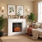 Lareira Elétrica Decorativa 1800W com Prateleira, Efeito de Chama, 5 Níveis de Brilho, Termóstato, Temporizador e Comando, para TV até 38", Branco