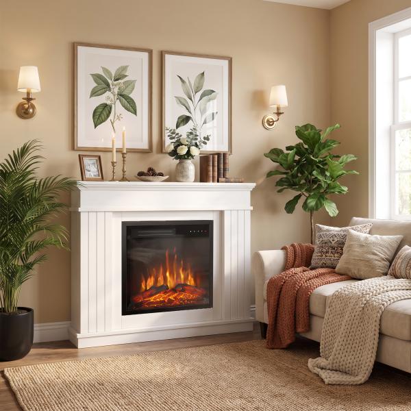 Lareira Elétrica Decorativa 1800W com Prateleira, Efeito de Chama, 5 Níveis de Brilho, Termóstato, Temporizador e Comando, para TV até 38", Branco