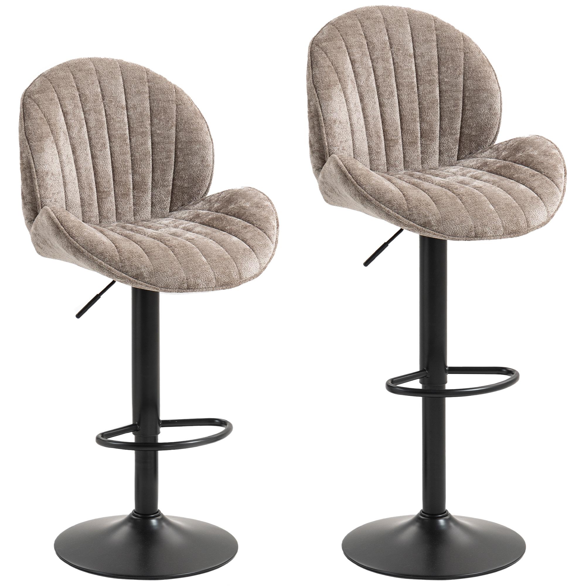 Conjunto de 2 Bancos de Bar Giratórios em Chenille com Altura Ajustável 62 - 83 cm, Encosto e Apoio para os Pés, Moka