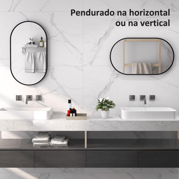 Espelho Casa de Banho Oval 40x3x70 cm Espelho Decorativo de Parede com Estrutura de Liga de Alumínio Horizontal ou Vertical Preto