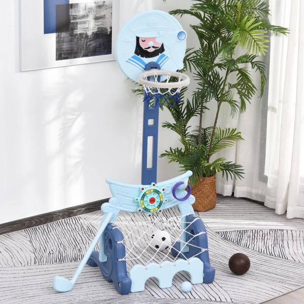 Tabela de Basquetebol 4 em 1 com Altura Ajustável para Crianças acima de 3 Anos Centro de Atividades 58x56x154cm Azul