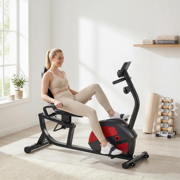 Bicicleta Estática com Encosto 8 Níveis de Resistência Magnética Volante Assento Ajustável Monitor LCD Pulsómetro Suporte de Telemóvel e Rodas Vermelho