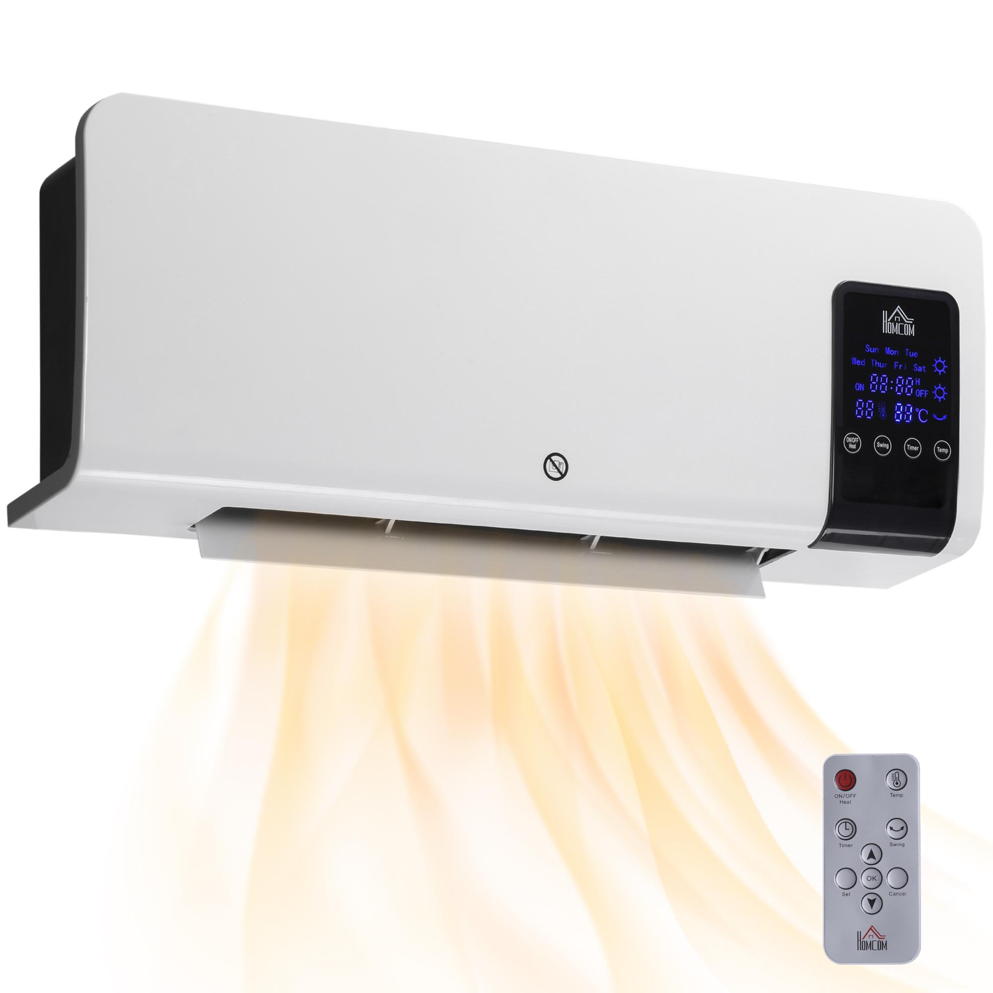 Aquecedor Elétrico de Parede 1000W/2000W Aquecedor com Ecrã LED Controlo Remoto Termostato Temporizador 54,5x12x21,5cm Branco