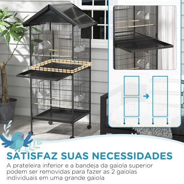 Gaiola para Pássaros Convertível em Somente Uma com Rodas 4 Comedouros e 4 Poleiros e Bandejas Amovíveis 78x75x168 cm Preto