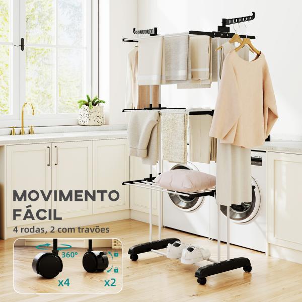 Estendal Dobrável para Roupa com Rodas Estendal Vertical de Aço com 3 Níveis Laterais Dobráveis 73x64x177cm Preto e Branco