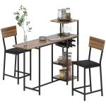 Conjunto de Mesa e Bancos de Bar Mesa Alta de Cozinha com 2 Bancos Laterais Rebatíveis Suporte para Vinhos e Prateleiras Castanho e Preto