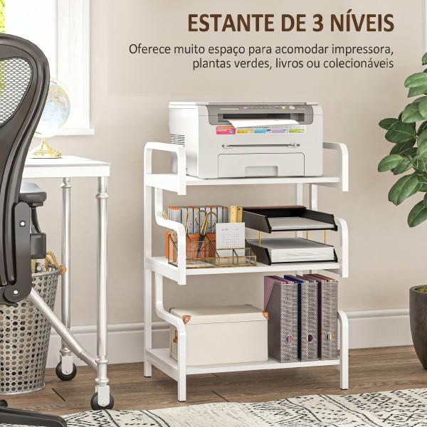 Suporte para Impressora de 3 Níveis com Estrutura em Aço e Estante de Arrumação para Escritório e Casa 55x40x77 cm Branco