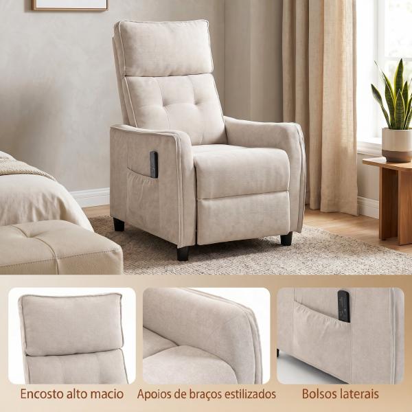 Poltrona de Massagem Reclinável com Apoio para Pés 2 Zonas de Massagem Assento com Molas Bolsos Estofamento em Linho Creme