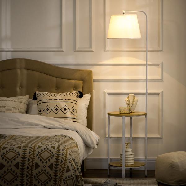 Candeeiro de Pé Moderno com Prateleira Suporte para Lâmpada E27 Máx. 40W com Ecrã de Linho Ø37x162cm Branco e Madeira