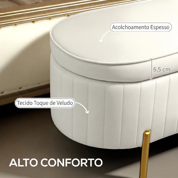 Banco para Pé de Cama em Veludo com Arrumação e Pés Dourados, 108x44x43,5 cm, Creme