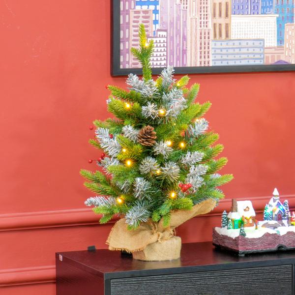 Árvore de Natal de Mesa 60 cm com 20 Luzes LED 141 Ramos 5 Pinhas 5 Bagas Vermelhas e Suporte de Metal para Interior Verde