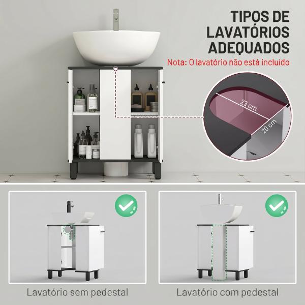 Móvel de Lavatório com 2 Portas e Prateleira Ajustável para Lavatório com ou sem Pedestal 60x34x70 cm Branco Brilhante