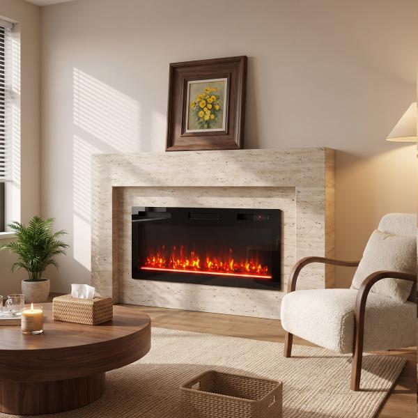 Lareira Elétrica Ultrafina 900/1800 W Encastrável/Mural/De Pé, 12 Cores de Chama 3D, Comando à Distância, até 35 m², Preta