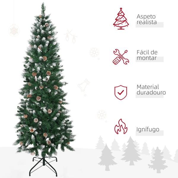 Árvore de Natal Artificial Nevada 180 cm com 508 Ramos 49 Pinhas Base Dobrável e Suporte de Aço Ø73x180 cm Verde e Branco