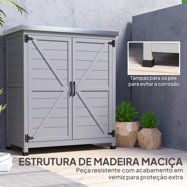 Armário de Exterior em Madeira com Tampo de Aço Galvanizado Prateleira 2 Portas para Armazenamento de Ferramentas 79x43x92 cm Cinza