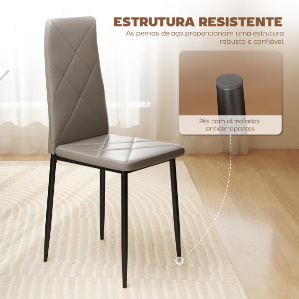 Conjunto de 4 Cadeiras de Sala de Jantar Estofadas em Couro Sintético com Encosto Alto e Pés de Aço 41x50x97 cm Cinza