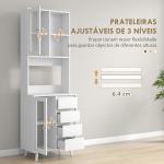 Armário de Cozinha com 2 Armários com Portas de Vidro Temperado 2 Compartimentos Abertos 4 Gavetas e Prateleiras Ajustáveis 60x35x180 cm Branco