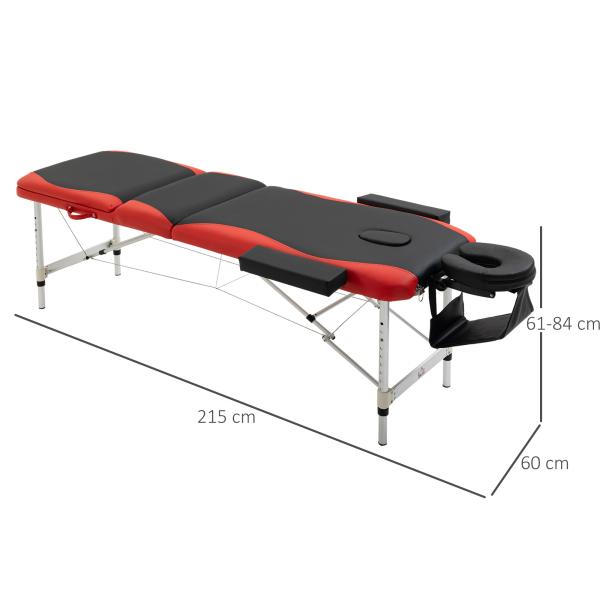 Marquesa de Massagem Dobrável e Portátil com Altura Ajustável Apoio para a Cabeça e Apoio para os Braços 215x60x61 - 84 cm Preto e Vermelho