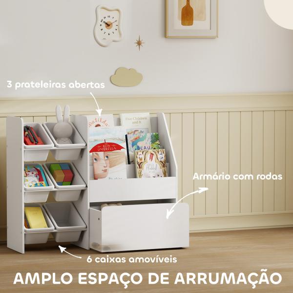 Estante Infantil para Brinquedos com 6 Caixas Removíveis 3 Prateleiras Abertas e Gaveta Inferior com Rodas 100x30x80 cm Branco