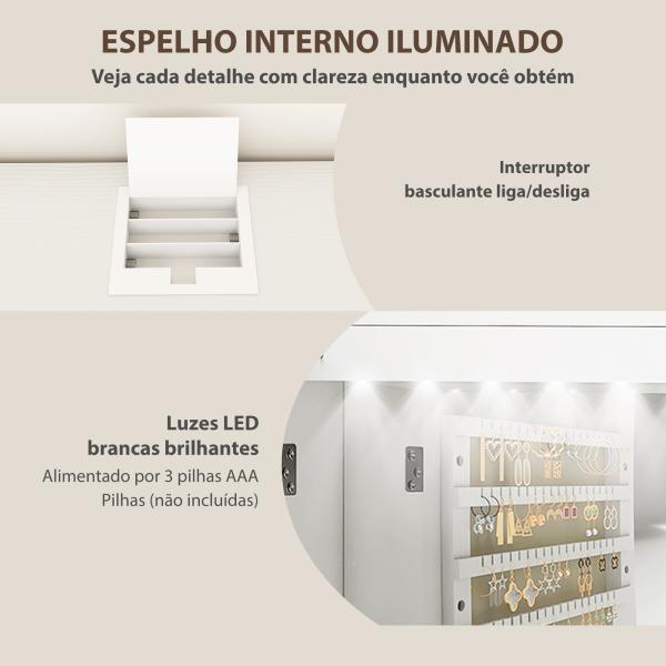 Espelho para Joias com Luz LED Montado na Parede ou na Porta com Fechadura Espelho de Corpo Inteiro 2 Gavetas Branco