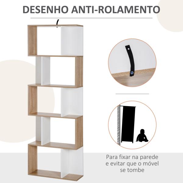 Estante para Livros Estante Alta de Parede com 5 Níveis em Forma de S Desenho Moderno 60x24x184,5cm Branco e Madeira