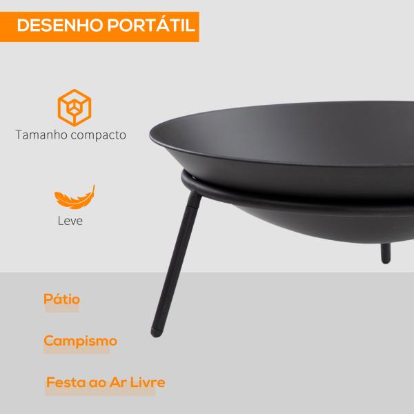 Braseiro de Exterior Braseiro de Metal com Atiçador para Varanda Campismo Ar Livre Ø47x21 cm Preto