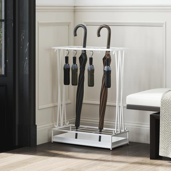 Suporte para Guarda - Chuva Moderno Retangular com 24 Ganchos 21 Espaços e Bandeja Recolhedora de Gotas 50x24x68 cm Branco