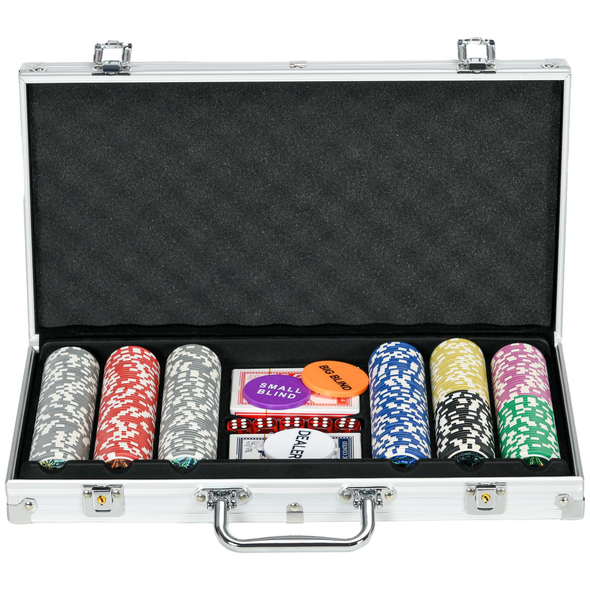 Conjunto de Póquer Profissional com 300 Fichas de 11,5 g 2 Baralhos de Cartas 5 Dados Tapete e Botão de Crupiê para 7 - 8 Jogadores com Fechadura Prata