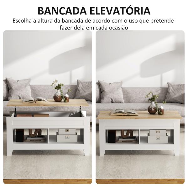 Mesa de Centro com Bancada Elevável 2 Compartimentos Abertos Bancada de Madeira 105x50x49 cm Branco e Madeira