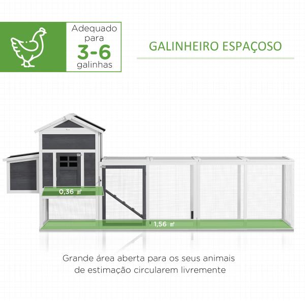 Galinheiro de Madeira 297,5x68x118cm para 3 - 6 Galinhas com Teto Asfáltico Porta com Trava e Caixa Ninho Branco e Cinza