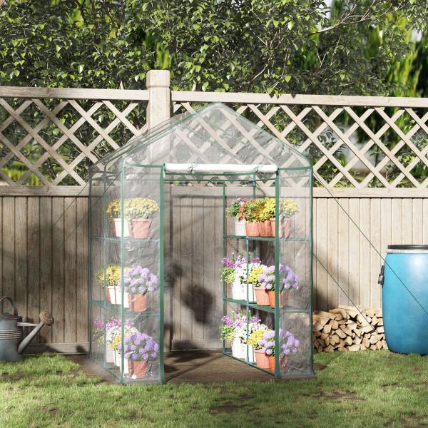 Estufa Transparente de Jardim Estufa de Plantas de 3 Níveis com Prateleiras Estrutura de Aço 143x143x195cm Transparente e Verde
