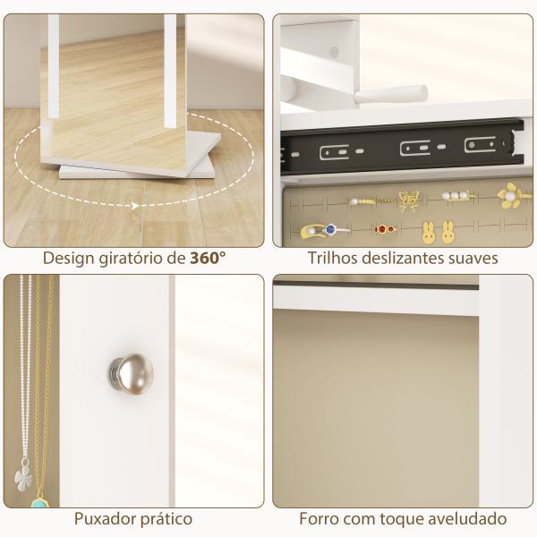 Espelho para Jóias com Luzes LED Espelho de Corpo Inteiro Rotativo 360° Prateleiras Abertas Barras para Pendurar Branco