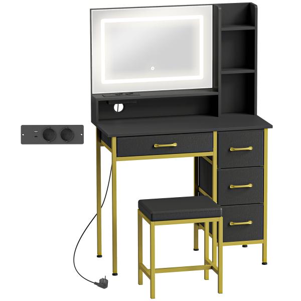 Toucador de Maquilhagem com Espelho, Luzes LED Estação de Carregamento 4 Gavetas e Banco 88x40x134 cm Preto