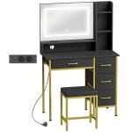 Toucador de Maquilhagem com Espelho, Luzes LED Estação de Carregamento 4 Gavetas e Banco 88x40x134 cm Preto